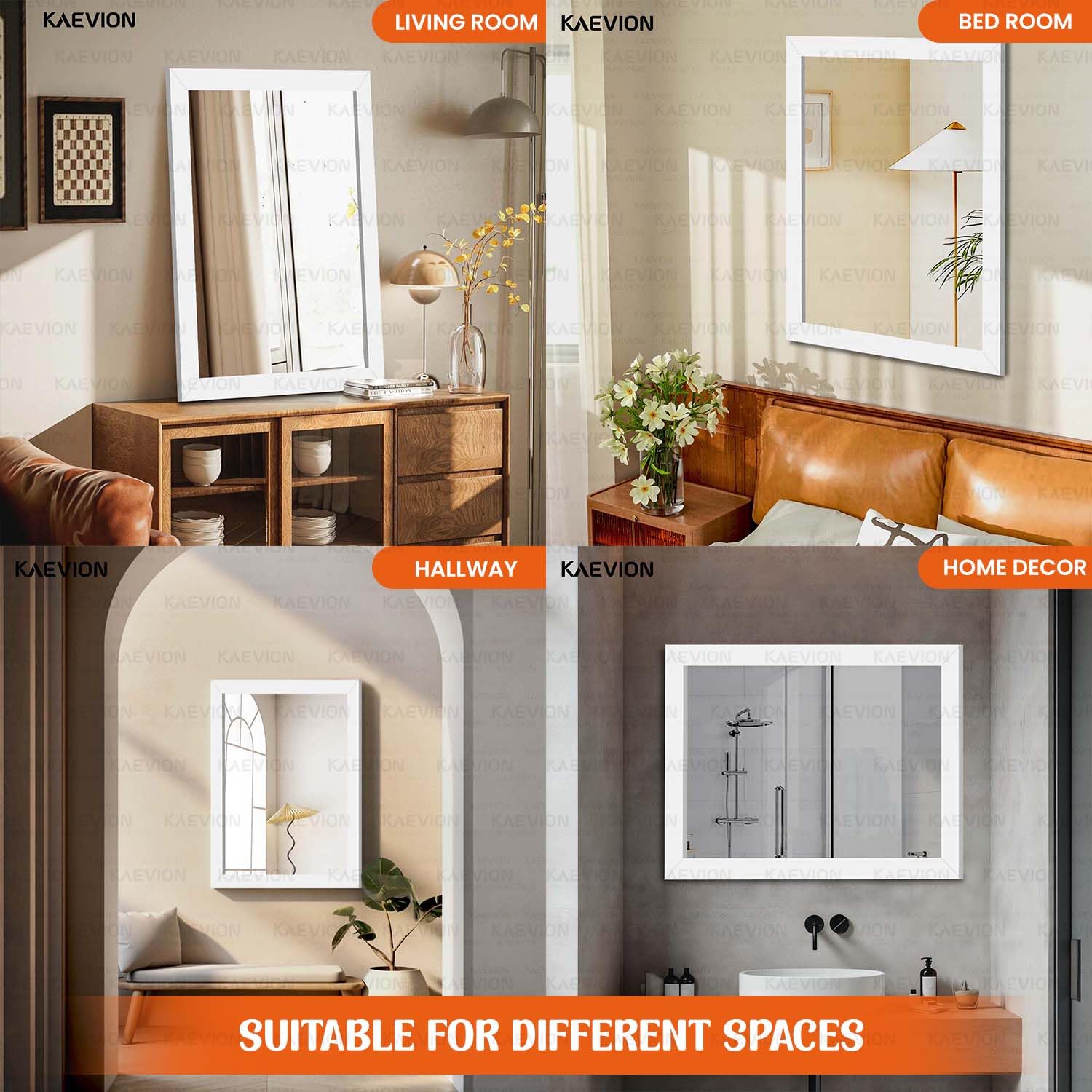 KAEVION Wall Hanging 2ft White Water Proof PVC Framed Mirror |Wall Mirror for Bedroom or Bathroom |Home Decor Wall Mounted Mirror for Bedroom Living-Room Vanity Farmhouse| wash Room Mirror for Wall