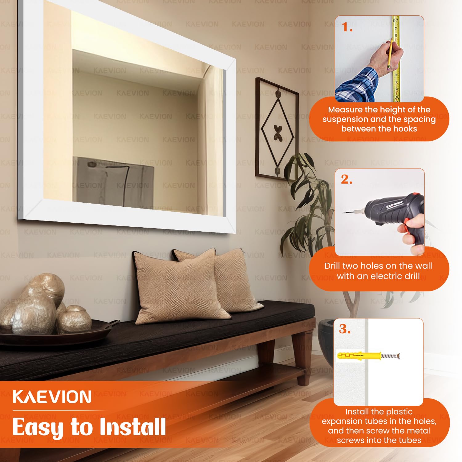 KAEVION Wall Hanging 2ft White Water Proof PVC Framed Mirror |Wall Mirror for Bedroom or Bathroom |Home Decor Wall Mounted Mirror for Bedroom Living-Room Vanity Farmhouse| wash Room Mirror for Wall