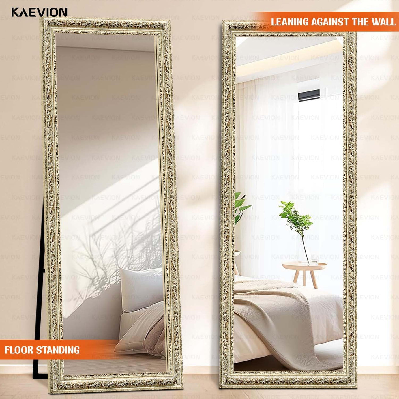 KAEVION 65"x22" (5.25 ft) Ornate Antique Full-Length Floor Dressing Mirror with Stand, Vintage Off-White Cheval Mirror for Bedroom, Living Room, Boutique