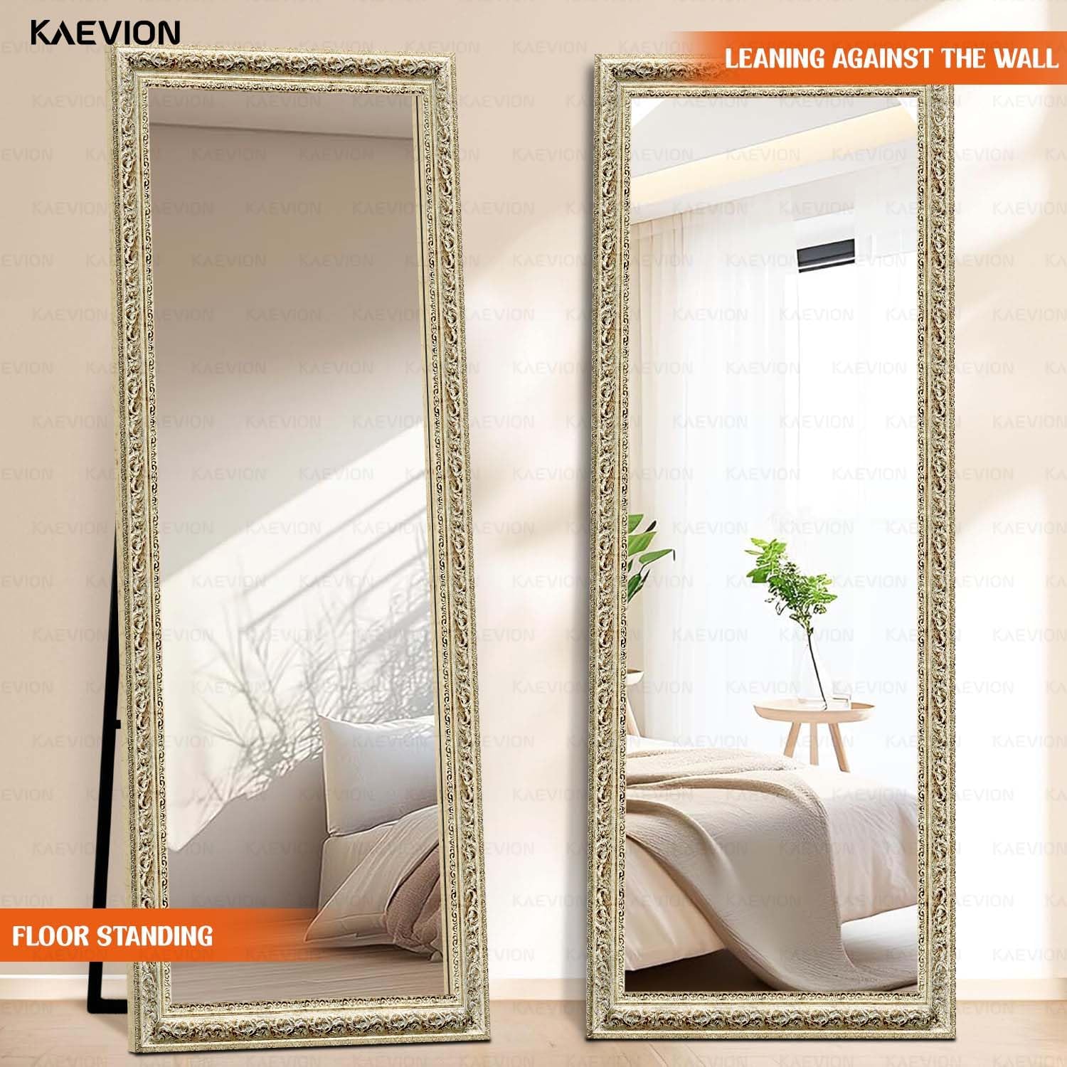 KAEVION 65"x22" (5.25 ft) Ornate Antique Full-Length Floor Dressing Mirror with Stand, Vintage Off-White Cheval Mirror for Bedroom, Living Room, Boutique