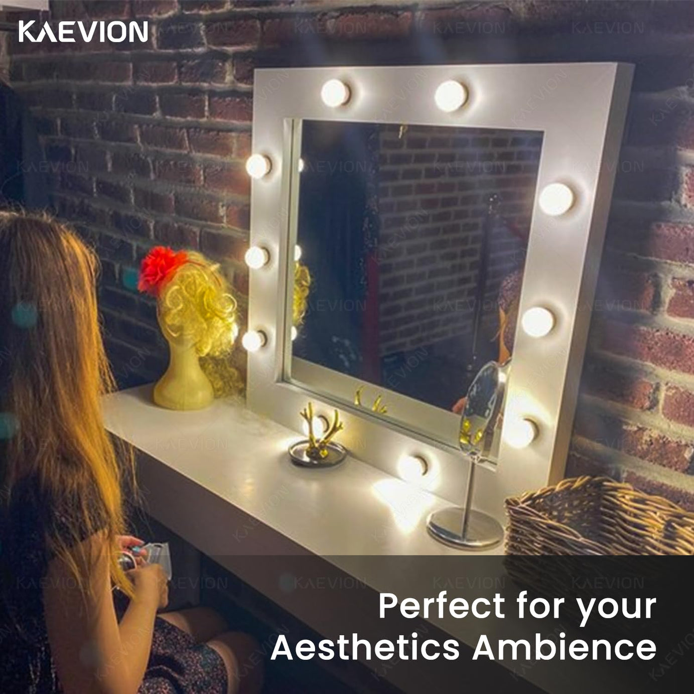 KAEVION 2 Feet Rectangular PVC Framed Wall Mount LED Mirror with 10 LED Bulbs | Makeup Vanity Mirror with LED Lights in 3 Shade (Warm/White/Cool) | Durable & Clear Reflection | Exquisite Wall Mirror