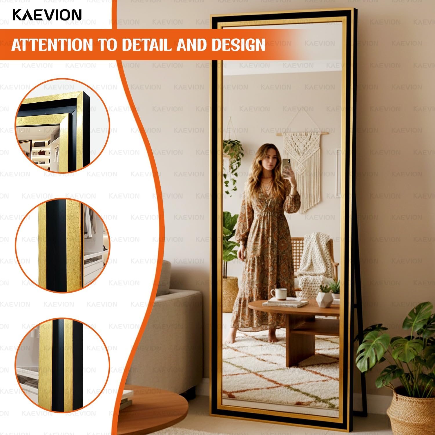 Kaevion Premium Luxury Full lenght Stand Mirror Golden Black