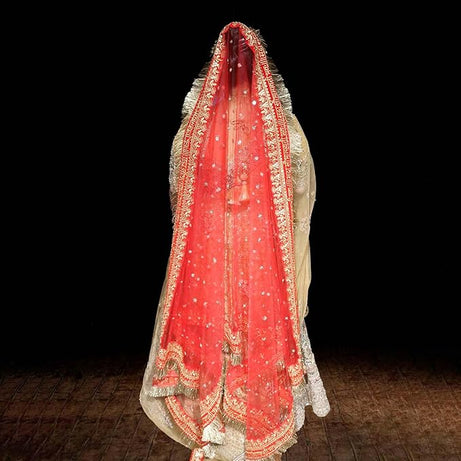 KAEVION 2.5M Net Sada Saubhagyawati Bhav Bridal Wedding Dupatta With Kiran lace | Bridal Women's Net Dupatta | Traditional Dulhan Entry Chunni | Designer Contrast Dupatta for Lehenga Saree