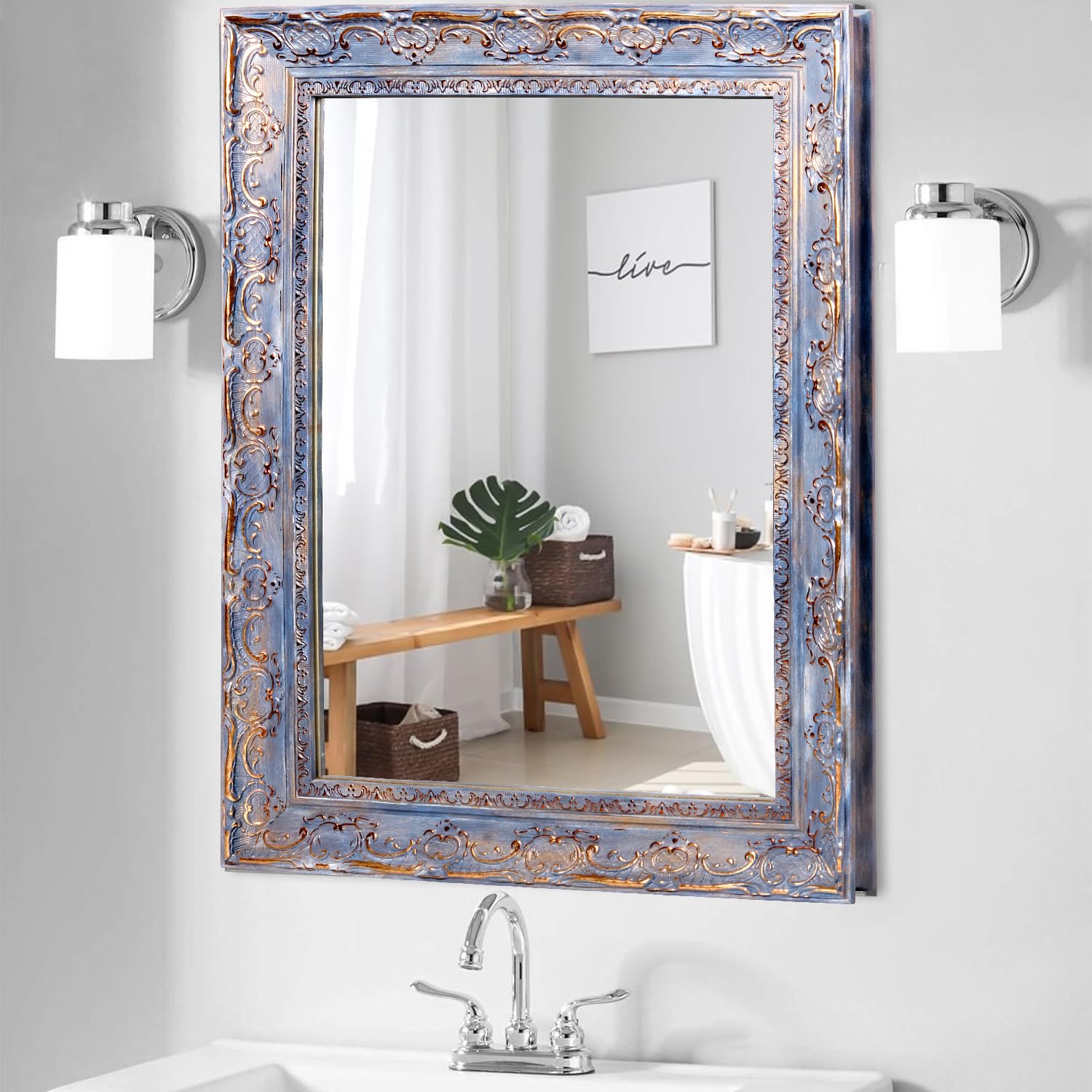 KAEVION 2 Feet PVC Wooden Framed Rectangle Wall Hanging Mirror | Antique Wall Decorative Mirror for Farmhouse, Living Room, Vanity Bedroom