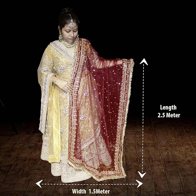 KAEVION 2.5 Meters Net Sada Saubhagyawati Bhav Bridal Wedding Dupatta With Sequins lace | Bridal Women's Net Dupatta | Traditional Dulhan Entry Chunni | Designer Contrast Dupatta for Lehenga Saree