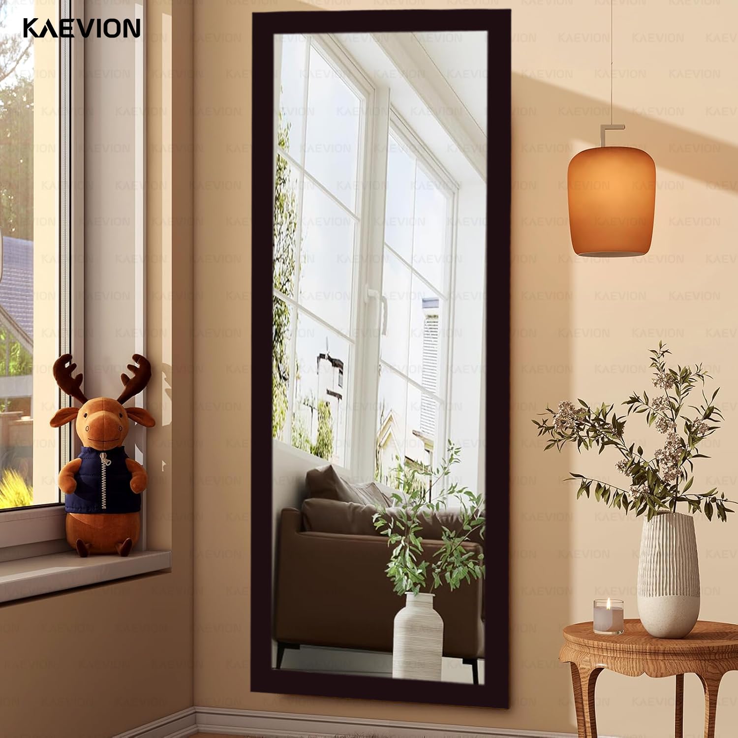 KAEVION Rectangular 5.25 Feet Brown Full-Length Waterproof PVC Wooden Frame Wall Hanging Mirror | Wall Mirror | Home Decor Wall Mounted Mirror for Bedroom Living-Room Vanity Farmhouse
