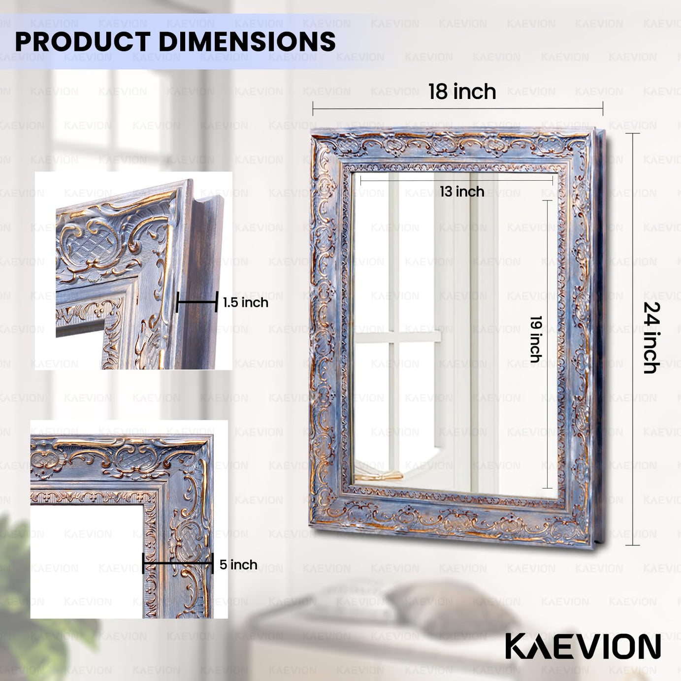 KAEVION 2 Feet PVC Wooden Framed Rectangle Wall Hanging Mirror | Antique Wall Decorative Mirror for Farmhouse, Living Room, Vanity Bedroom