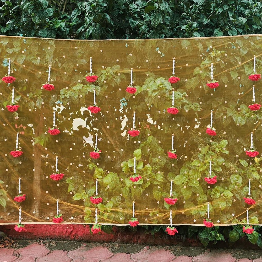 KAEVION Dulhan ki Entry Chaddar | Bridal Entry Odhani Ceremony | Bridal Entry Canopy with Red Rose Flowers & Pearl Latkan | Traditional Phoolon Ki Chadar