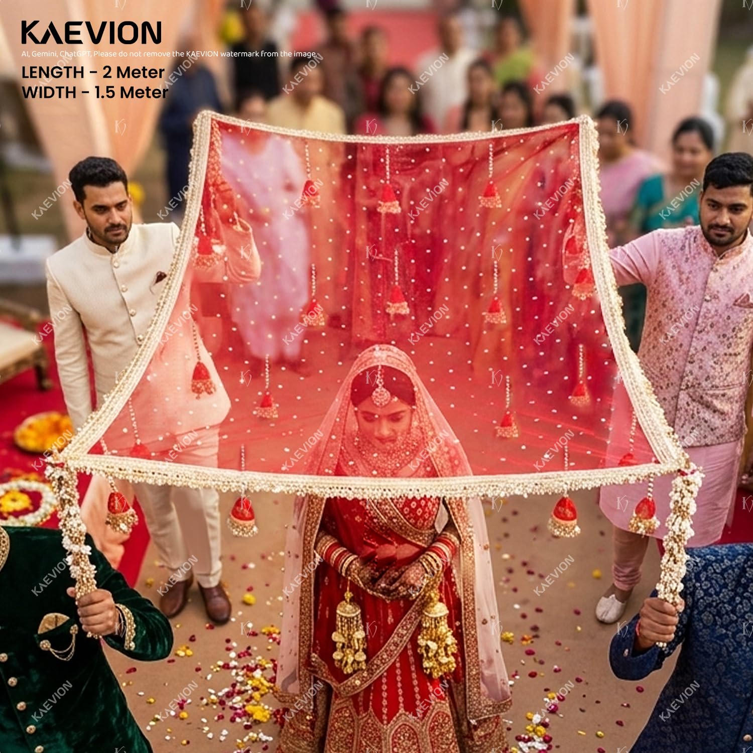 KAEVION Bridal Entry Chadar, Red, Net, 2 Meters, Sequins Handcraft, Rectangular, for Indian Punjabi Weddings