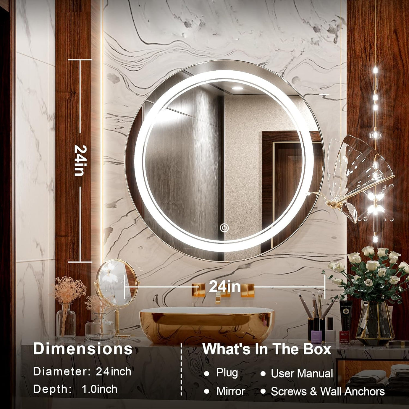 KAEVION 2 feet Frameless Round Wall Mirror with Adjustable 3 LED Light - White/Warm/Natural | Anti-Fog Dimmable Lights Makeup Mirror | Home Décor Wall Hanging Mirror- Circular Shape