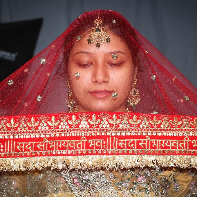 KAEVION 2.5 Meter Net Sada Saubhagyawati Bhav Bridal Wedding Dupatta With Sequins lace | Bridal Women's Net Dupatta | Traditional Dulhan Entry Chunni | Designer Contrast Dupatta for Lehenga Saree