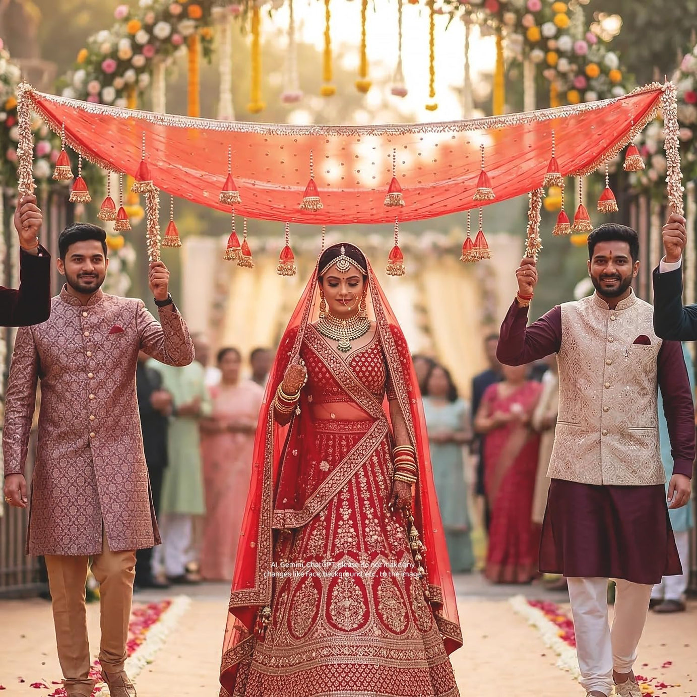KAEVION Bridal Entry Chadar, Red, Net, 2 Meters, Sequins Handcraft, Rectangular, for Indian Punjabi Weddings