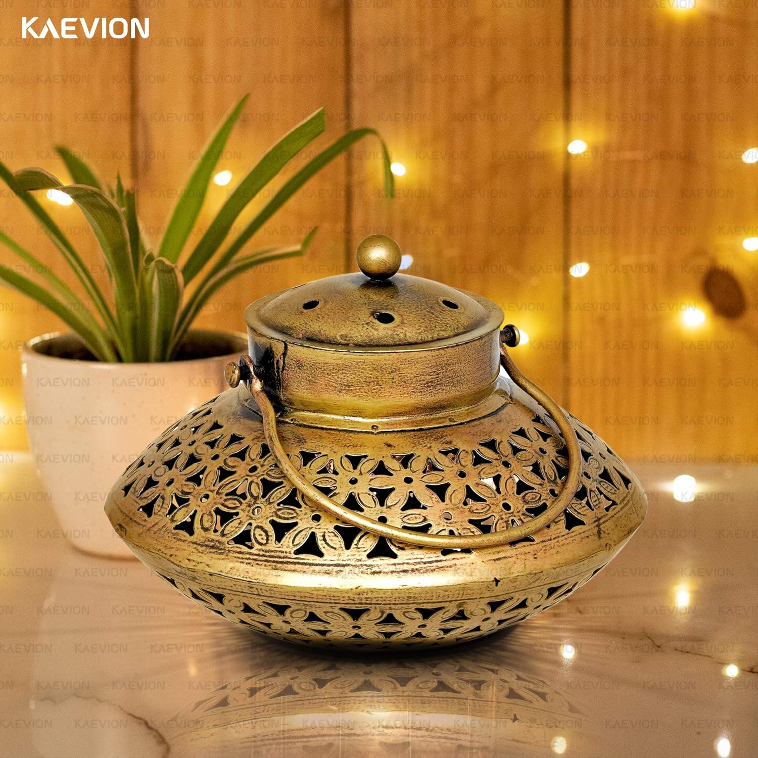 KAEVION Metal Brass Dhoop Dani Degchi Style Tea Light Candle Holder | Medium Size 7” in Wall Hanging Table Top Dhoop Stand Home Decor | Incense Dhup Burner for Pooja Room or Diwali Decoration