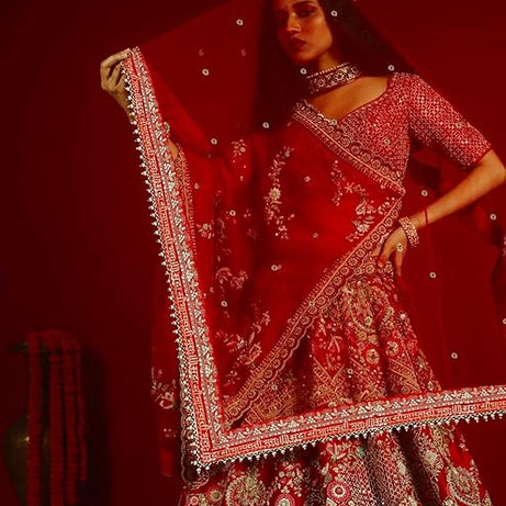 KAEVION Bridal Sada Saubhagyavati Bhav Embroidery with Moti Lace dupatta | Bridal Entry Dupatta for Wedding Roka Ceremony | Traditional Outfits Dulhan Chunari Special Gift For Wife