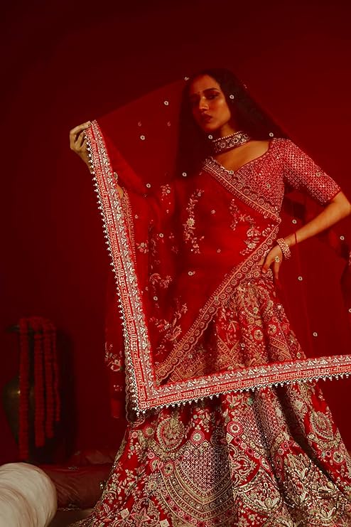 KAEVION Bridal Sada Saubhagyavati Bhav Embroidery with Moti Lace dupatta | Bridal Entry Dupatta for Wedding Roka Ceremony | Traditional Outfits Dulhan Chunari Special Gift For Wife