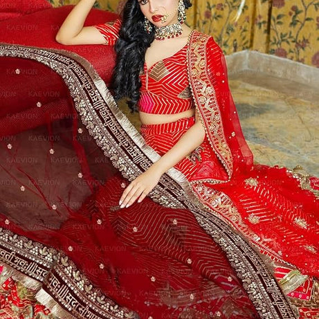 KAEVION Net Bridal Sada Saubhagyawati Bhav Wedding Dupatta with Kiran lace -2.5 Meter