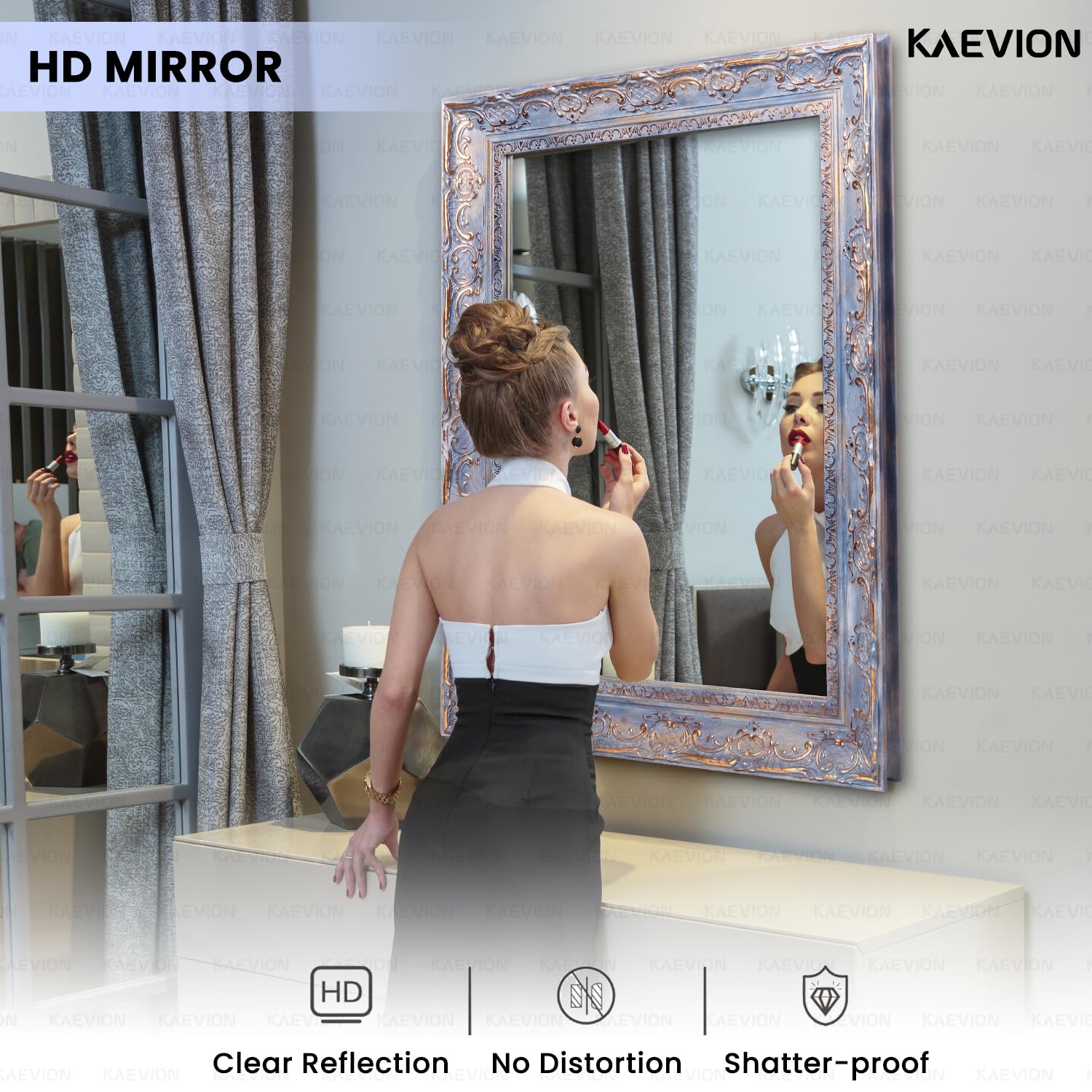 KAEVION 2 Feet PVC Wooden Framed Rectangle Wall Hanging Mirror | Antique Wall Decorative Mirror for Farmhouse, Living Room, Vanity Bedroom