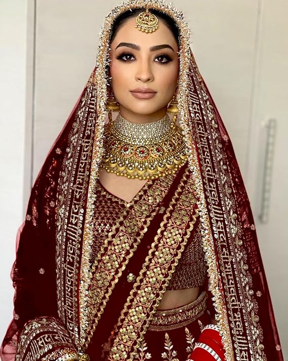 KAEVION 2.5 Meters Net Sada Saubhagyawati Bhav Bridal Wedding Dupatta With Sequins lace | Bridal Women's Net Dupatta | Traditional Dulhan Entry Chunni | Designer Contrast Dupatta for Lehenga Saree