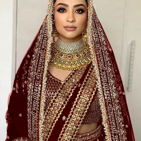 KAEVION Net Bridal Sada Saubhagyawati Bhav Wedding Dupatta with Kiran lace -2.5 Meter