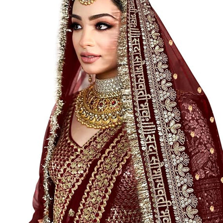 KAEVION Net Bridal Sada Saubhagyawati Bhav Wedding Dupatta with Kiran lace -2.5 Meter