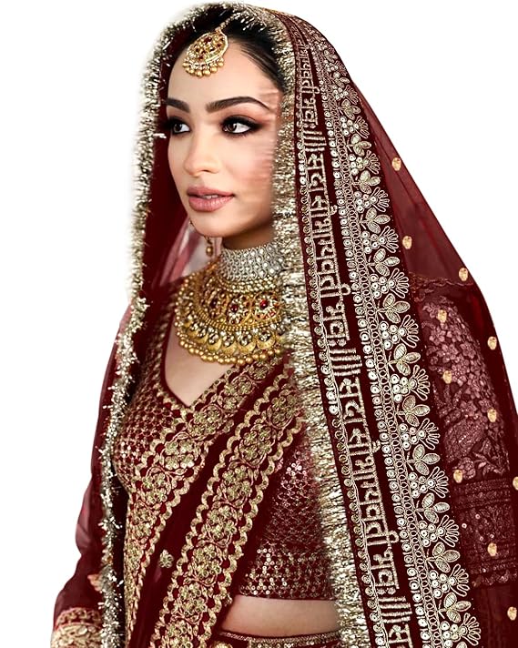 KAEVION Net Bridal Sada Saubhagyawati Bhav Wedding Dupatta with Kiran lace -2.5 Meter