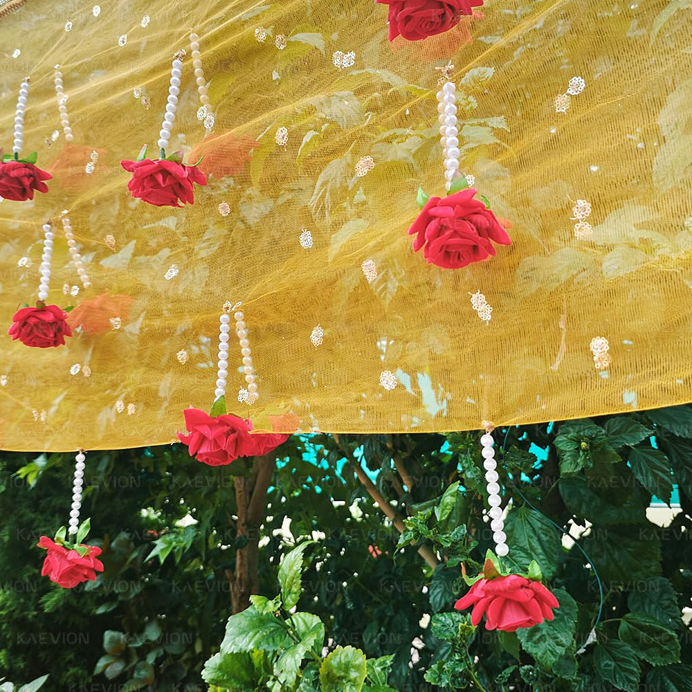 KAEVION Dulhan ki Entry Chaddar | Bridal Entry Odhani Ceremony | Bridal Entry Canopy with Red Rose Flowers & Pearl Latkan | Traditional Phoolon Ki Chadar