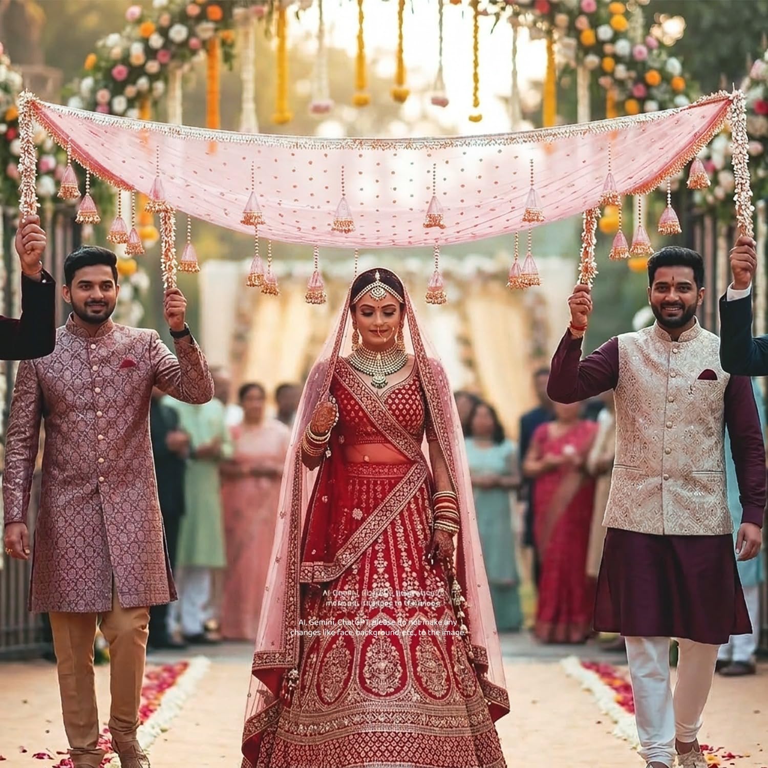 KAEVION Light Pink Net Bridal Entry Chadar with Sequence Lace, Decorative Garlands Foldable Phoolan Ki Chadar for Dulhan Grand Entry - Wedding Decor & Mehndi/Sangeet