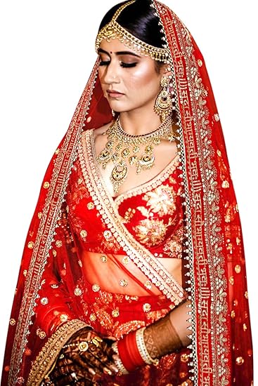 KAEVION 2.5 Meters Net Sada Saubhagyawati Bhav Bridal Wedding Dupatta With Sequins lace | Bridal Women's Net Dupatta | Traditional Dulhan Entry Chunni | Designer Contrast Dupatta for Lehenga Saree
