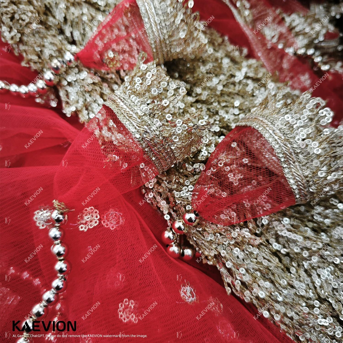 KAEVION Bridal Entry Chadar, Red, Net, 2 Meters, Sequins Handcraft, Rectangular, for Indian Punjabi Weddings