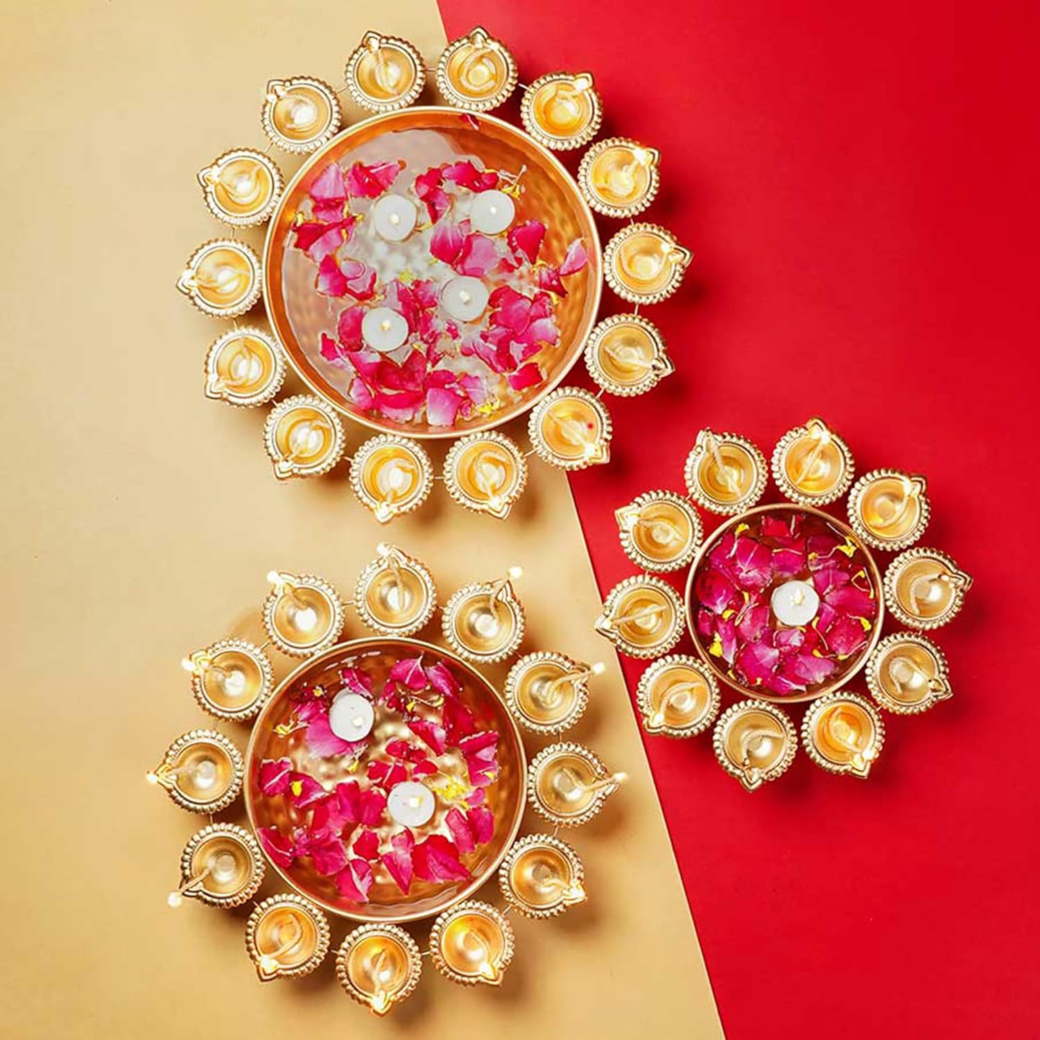 KAEVION Traditional Metal Brass Home Decor T-Light Candle Holder Diya Urli Bowl Float Flower Water Pot Home Decor| for Gifting| All Festivals and Wedding Decor with (14 Pcs T-Light Candles)