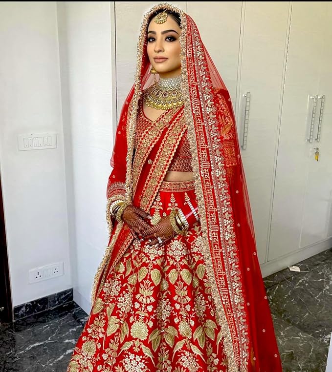 KAEVION 2.5 Meter Net Sada Saubhagyawati Bhav Bridal Wedding Dupatta With Sequins lace | Bridal Women's Net Dupatta | Traditional Dulhan Entry Chunni | Designer Contrast Dupatta for Lehenga Saree