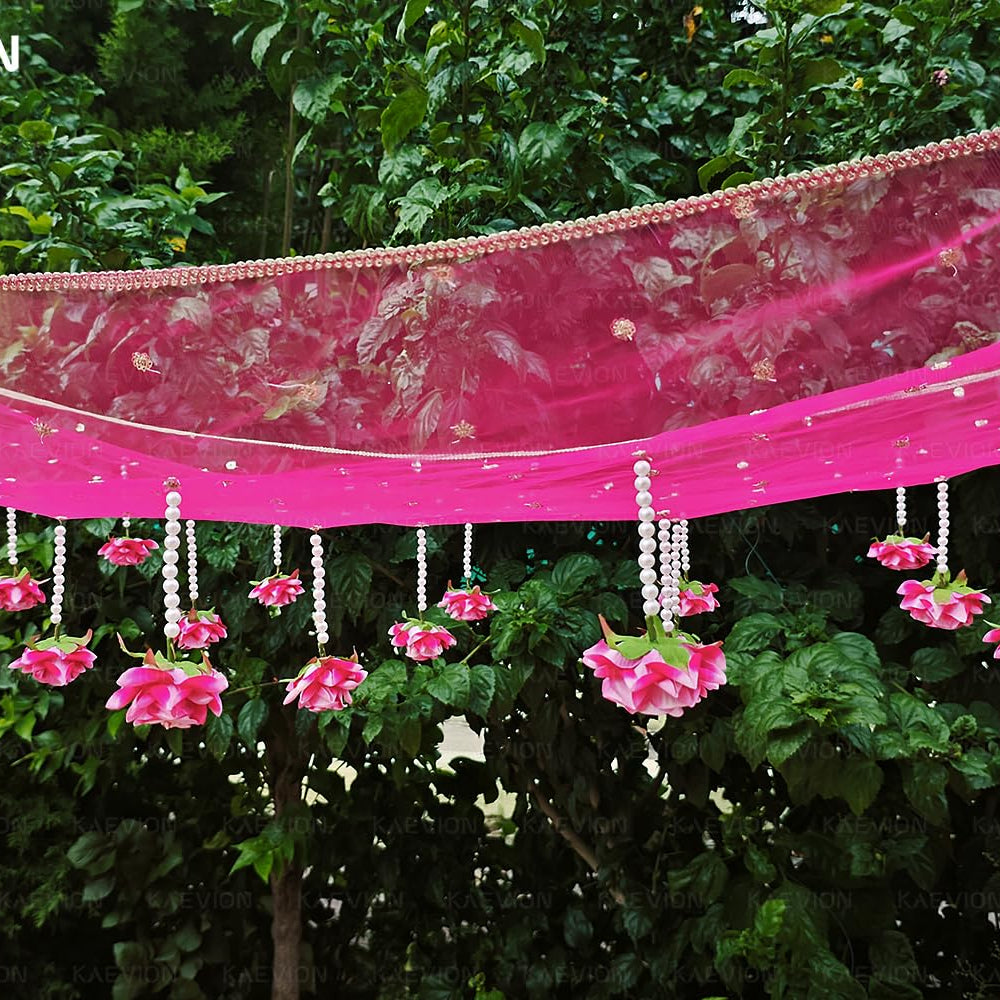 Kaevion Floral Net Bridal Chadar | Artificial Flower Odhani for Brides Mehendi, Haldi, Roka and Sangeet Function