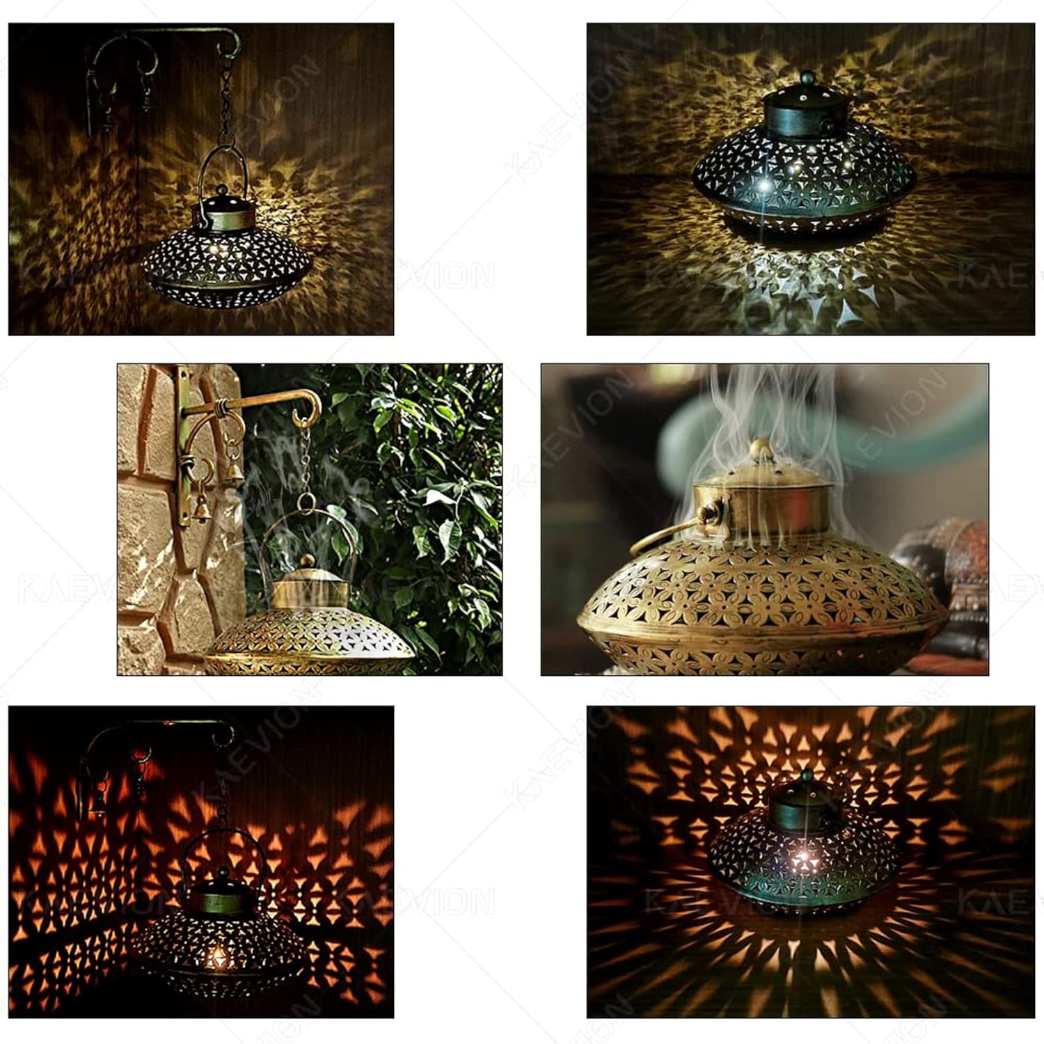 KAEVION Corporate Diwali Gift Set of Incense Stick Burner Tea Light Candle Holder Urli Bowl with Brass Bell Art Hanger - Pack of 2 with Six Tea Light Candle and Two String Light.