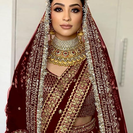 KAEVION Women Net 2.5 Meter Sada Saubhagyawati Bhav Wedding Dupatta with Kiran Lace | Embroidered Traditional Bridal  Designer Contrast Dupatta for Special Occasion | Dulhan Chunni