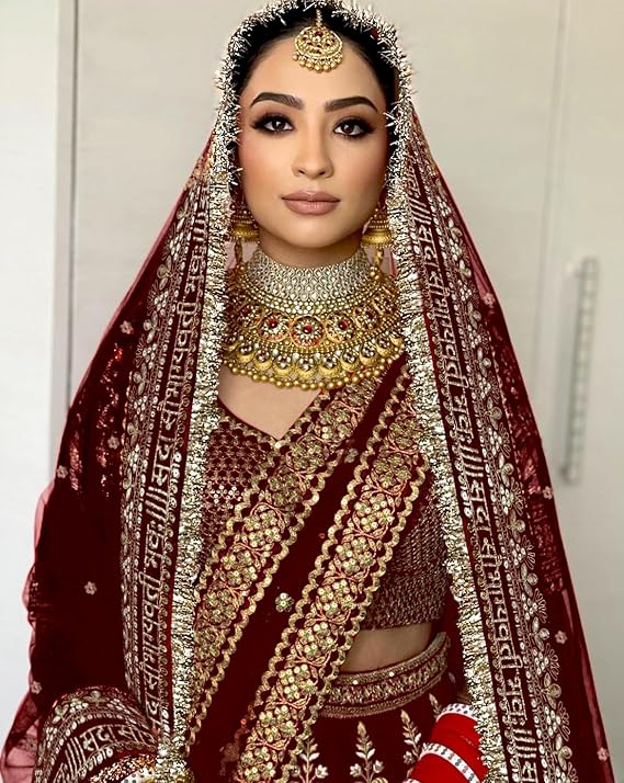 KAEVION Women Net 2.5 Meter Sada Saubhagyawati Bhav Wedding Dupatta with Kiran Lace | Embroidered Traditional Bridal  Designer Contrast Dupatta for Special Occasion | Dulhan Chunni