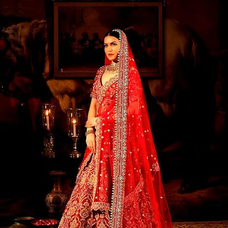 KAEVION Bridal Sada Saubhagyavati Bhav Embroidery with Moti Lace dupatta | Bridal Entry Dupatta for Wedding Roka Ceremony | Traditional Outfits Dulhan Chunari Special Gift For Wife