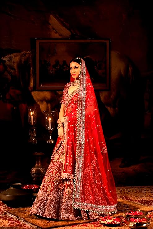 KAEVION Bridal Sada Saubhagyavati Bhav Embroidery with Moti Lace dupatta | Bridal Entry Dupatta for Wedding Roka Ceremony | Traditional Outfits Dulhan Chunari Special Gift For Wife