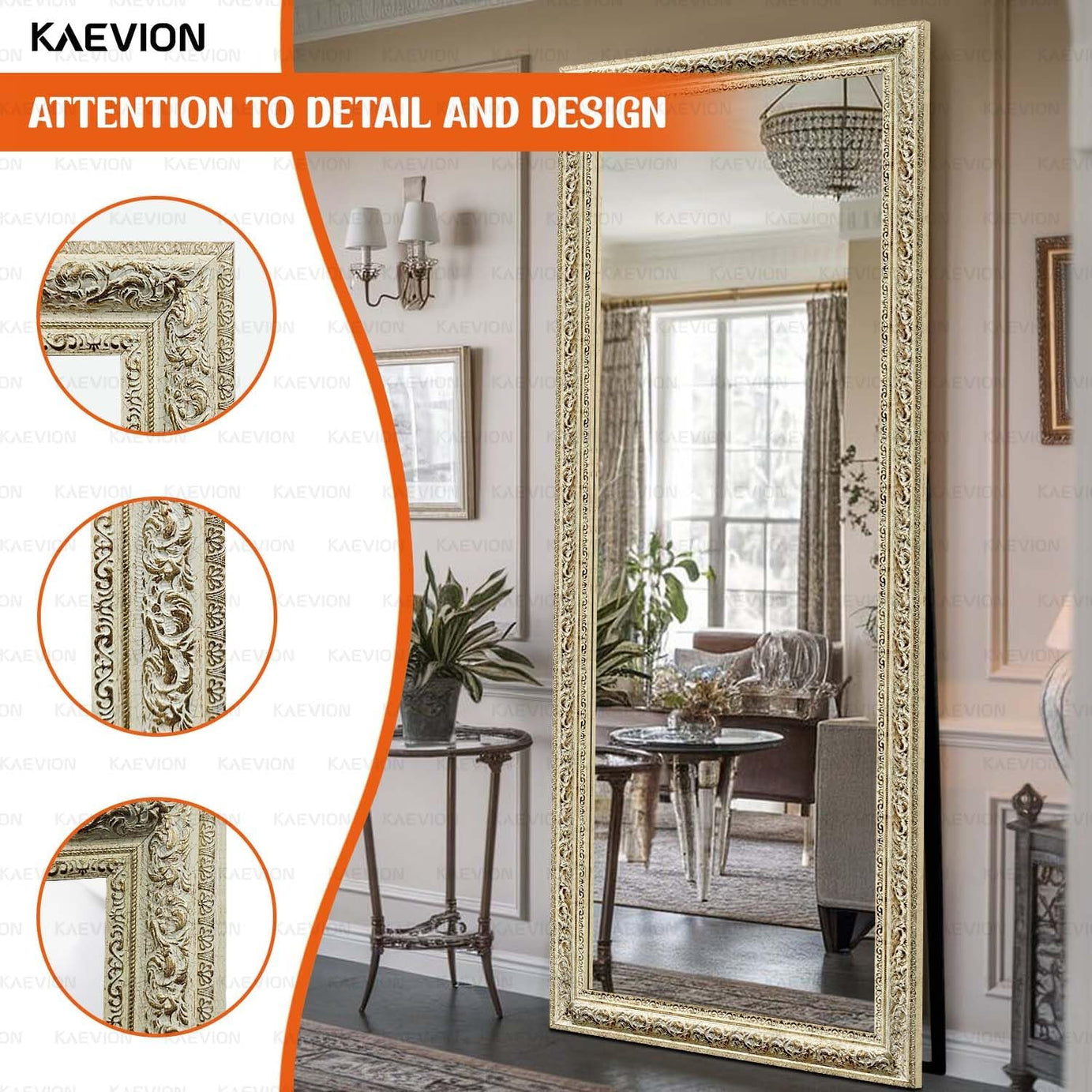 KAEVION 65"x22" (5.25 ft) Ornate Antique Full-Length Floor Dressing Mirror with Stand, Vintage Off-White Cheval Mirror for Bedroom, Living Room, Boutique