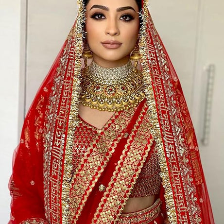 KAEVION Net Bridal Sada Saubhagyawati Bhav Wedding Dupatta with Kiran lace -2.5 Meter