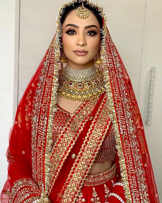 KAEVION Net Bridal Sada Saubhagyawati Bhav Wedding Dupatta with Kiran lace -2.5 Meter