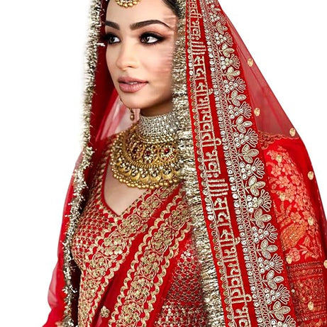 KAEVION 2.5M Net Sada Saubhagyawati Bhav Bridal Wedding Dupatta With Kiran lace | Bridal Women's Net Dupatta | Traditional Dulhan Entry Chunni | Designer Contrast Dupatta for Lehenga Saree