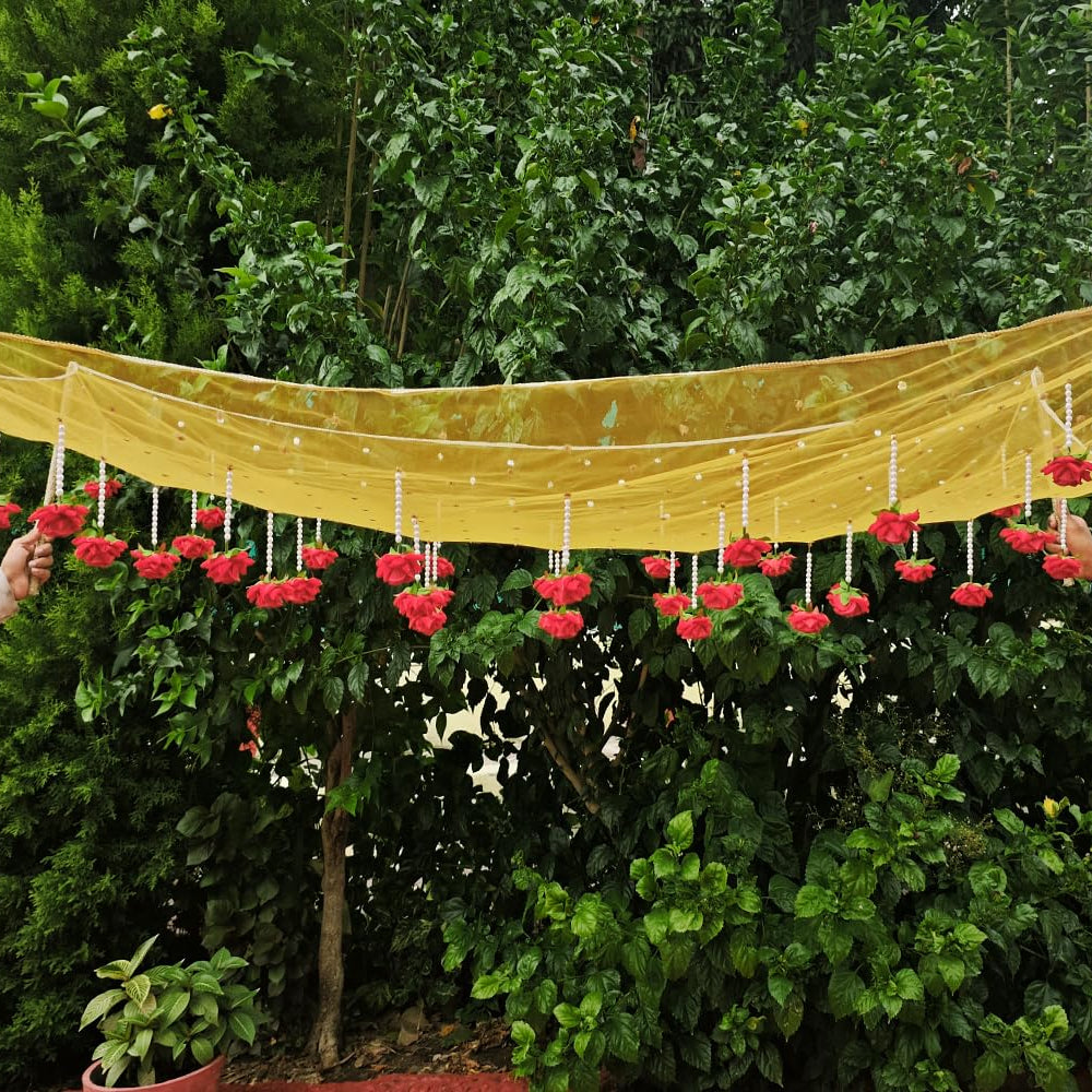KAEVION Dulhan ki Entry Chaddar | Bridal Entry Odhani Ceremony | Bridal Entry Canopy with Red Rose Flowers & Pearl Latkan | Traditional Phoolon Ki Chadar