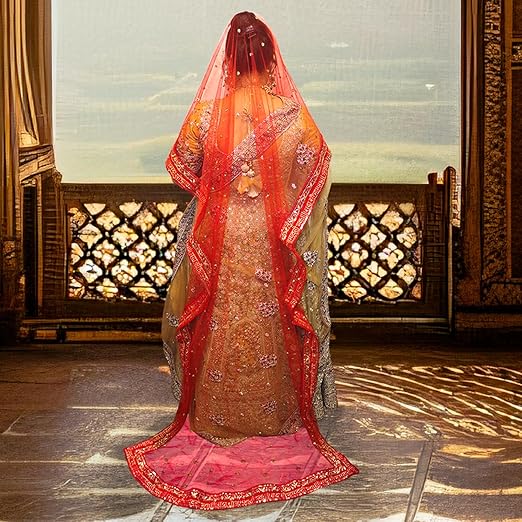 KAEVION 2.5 Meter Net Bridal Entry Dupatta with Dulha Dulhan Name and Sada Saubhagyavati Bhav Border with Sequins Lace | Dulhan Entry Customised Name Dupatta for Wedding, Marriage and Reception