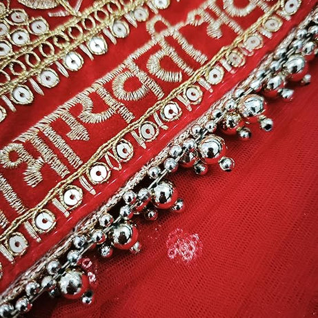 KAEVION Bridal Sada Saubhagyavati Bhav Embroidery with Moti Lace dupatta | Bridal Entry Dupatta for Wedding Roka Ceremony | Traditional Outfits Dulhan Chunari Special Gift For Wife