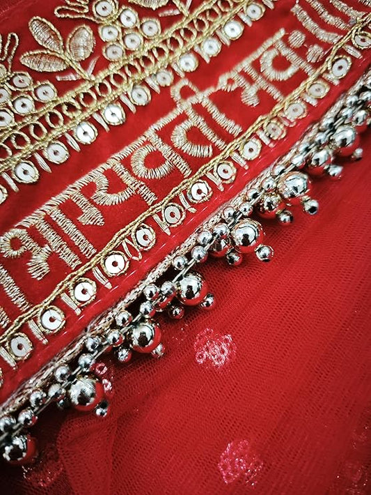 KAEVION Bridal Sada Saubhagyavati Bhav Embroidery with Moti Lace dupatta | Bridal Entry Dupatta for Wedding Roka Ceremony | Traditional Outfits Dulhan Chunari Special Gift For Wife