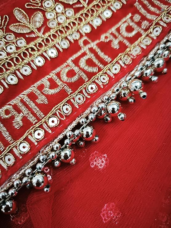 KAEVION Bridal Sada Saubhagyavati Bhav Embroidery with Moti Lace dupatta | Bridal Entry Dupatta for Wedding Roka Ceremony | Traditional Outfits Dulhan Chunari Special Gift For Wife