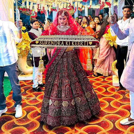 KAEVION Net Bridal Entry Sada Saubhagyawati Bhav Dupatta with Customized Name | Dulhan Wedding Dupatta with Pipe Lace - Pack of 1