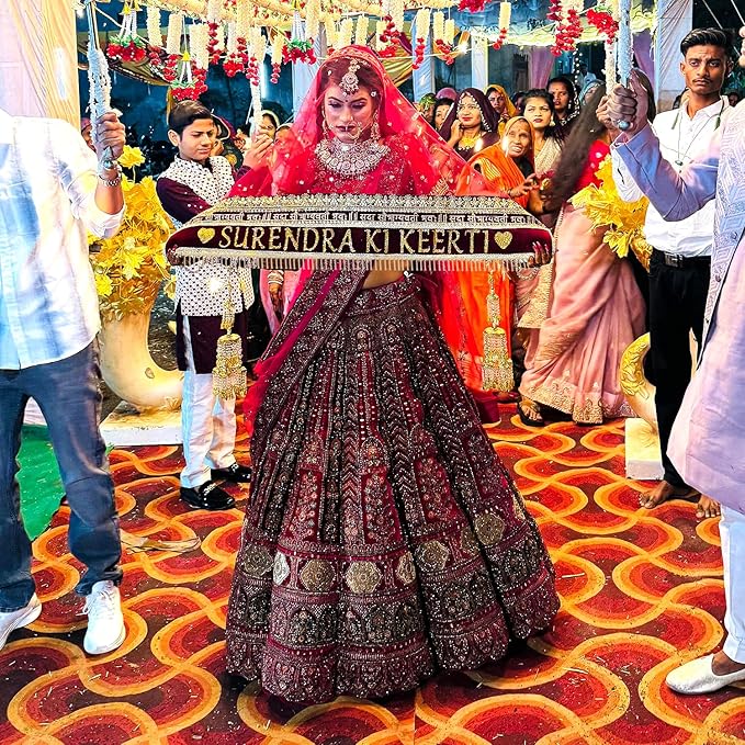 KAEVION Net Bridal Entry Sada Saubhagyawati Bhav Dupatta with Customized Name | Dulhan Wedding Dupatta with Pipe Lace - Pack of 1