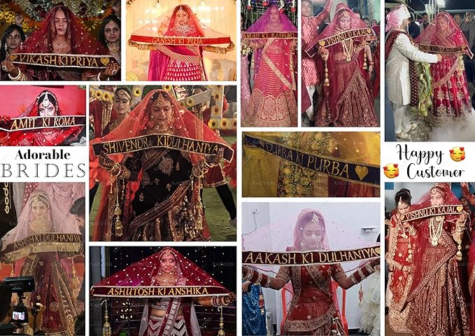 KAEVION Traditional Handmade Bridal Net Dupatta Customized Grooms Name Print Chunni | Ghunghat for Bride Entry (dupatta only)