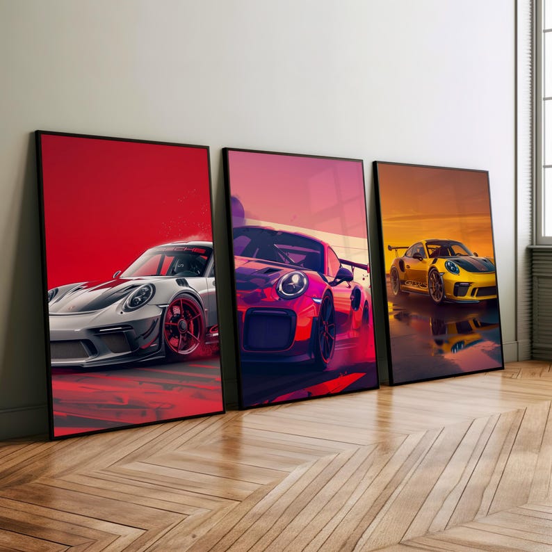 KAEVION Aesthetic Car Models Wall Frame, Wall Art Paintings for Hallways, Framed Art Set of 3